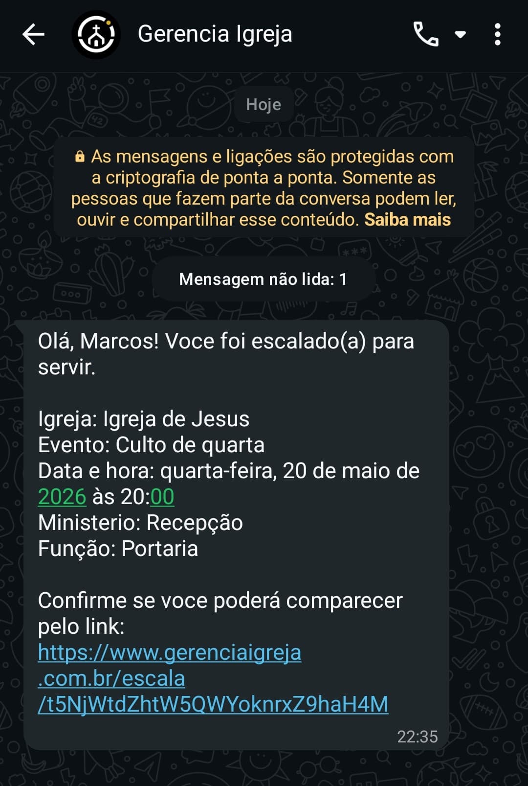 Mensagem automática de convite de escala enviada pelo WhatsApp ao obreiro